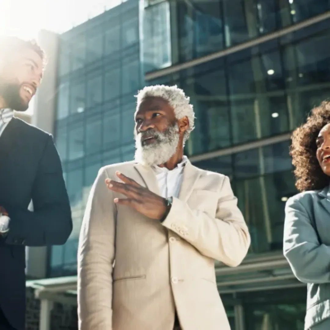 Business people, outdoor and walking with conversation, professional and New York city with humor.